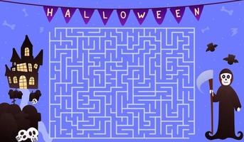 Puzzle mit niedlichem Schnitter, Hilfe, den richtigen Weg zum gruseligen Haus zu finden, Halloween-Themen-Labyrinth-Spiel für Arbeitsblatt vektor