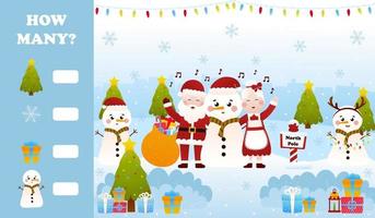 jul gåta för barn med santa claus och Fru claus sång julsånger med snögubbe, tryckbar kalkylblad för barn i tecknad serie stil, på vilket sätt många spel vektor