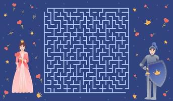 Kinder-Labyrinth-Rätsel, hilf dem edlen Ritter, den Weg zu seiner Prinzessin zu finden, romantisches Labyrinth für Mädchen und Jungen, Märchen vektor