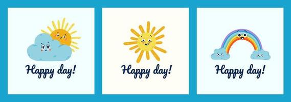 süße sonne, wolken und regenbogen sagt happy day vector illustration set cards für kinder. süße Poster für Kinderzimmer