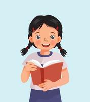 söt liten flicka studerande innehav bok läsning vektor