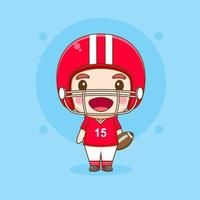 niedlicher amerikanischer fußballspieler, der rugby hält und rote helmchibi-karikaturillustration trägt vektor