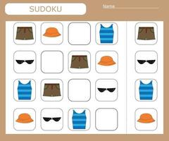 Sudoku-Spiel für Kinder mit wilder Kleidung. Aktivitätsblatt für Kinder. vektor