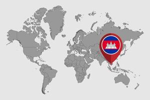 nålkarta med Kambodja flagga på världskartan. vektor illustration.