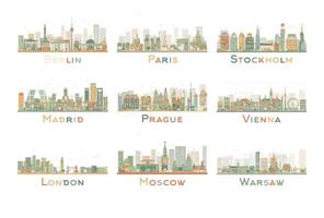 uppsättning av 9 abstrakt Europa stad horisont. vektor illustration.