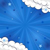 blå abstrakt komisk bakgrund pop- konst bakgrund för affisch eller bok i blå Färg radiell strålar bakgrund med halvton och moln effekt vektor