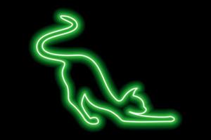 grüne Neonkatzensilhouette. Zufriedene Katze streckt und wedelt mit dem Schwanz vektor