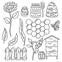 Imkerei im handgezeichneten Doodle-Stil. Bienenstock, Glasgefäß für Honig, Sonnenblumenelementvektorillustration. vektor