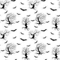 läskigt träd sömlös mönster isolerat vektor illustration. svart silhuetter av växter och fladdermöss på en vit bakgrund. halloween ändlös upprepad skriva ut.
