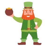 tecknad serie pyssling innehav en pott av guld.glad st Patricks day.leprechaun i grön kostymer och hatt tecknad serie tecken. irland traditionell Semester symbol till de pub. vektor