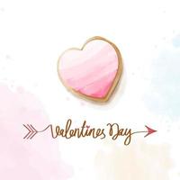 Köstliche, handbemalte, herzförmige rosa Valentinskekse mit Buttercreme auf hellgelbem, rosa und blauem Hintergrund. text valentinstag mit pfeilen, die durch ihn gehen vektor