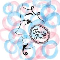 Vektorgrafik einer schönen Transgender-Person mit großen Augen, langen Wimpern, lockigem Haar und Bart, die stolz lächelt und Ohrringe mit Text Trans-Stolz auf hellblauem und rosafarbenem Hintergrund trägt. vektor