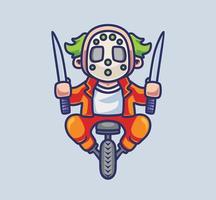 söt clown mördare rida en cykel ett hjul innehav knivar. isolerat tecknad serie djur- halloween illustration. platt stil lämplig för klistermärke ikon design premie logotyp vektor. maskot karaktär vektor