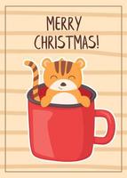 lustiger tiger in der becherfigur weihnachtsgrußkarte im cartoon-stil. vektor