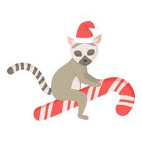 söt lemur med jul hatt på godis sockerrör. vektor