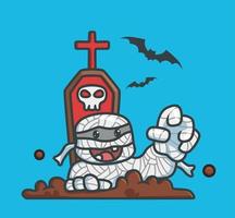 Süße Zombie-Mumie vom Grabfriedhof. isolierte illustration des karikatur-halloween-ereigniskonzepts. flacher Stil geeignet für Aufkleber-Icon-Design Premium-Logo-Vektor. Maskottchen Charakter