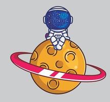 süßer astronaut, der auf planet sitzt. isolierte illustration des karikaturreiseferienferiensommerkonzeptes. flacher Stil geeignet für Aufkleber-Icon-Design Premium-Logo-Vektor. Maskottchen Charakter vektor