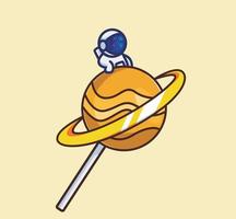 süßer astronaut auf dem lollipop candy planet ring. isolierte illustration des karikaturwissenschaftstechnologiekonzepts. flacher Stil geeignet für Aufkleber-Icon-Design Premium-Logo-Vektor vektor