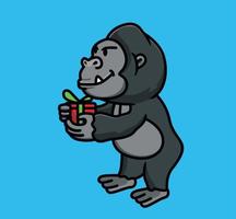 süßer Gorilla bringt ein besonderes Geschenk. süßes baby junger gorilla affe schwarzer affe. tier isoliert cartoon flache stil symbol illustration premium vektor logo aufkleber maskottchen