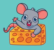 söt tecknad serie mus hälsning inuti de ost hål. isolerat tecknad serie djur- illustration vektor