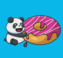 niedlicher babypanda der karikatur, der donut-erdbeergeschmack isst, sieht sehr glücklich aus wie ein kind. karikaturlebensmittelkonzept lokalisierte illustration. Flacher Cartoon-Stil geeignet für Aufkleber-Icon-Design Premium-Logo-Vektor vektor