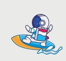 söt astronaut spela surfbräda. tecknad serie resa Semester semester sommar begrepp isolerat illustration. platt stil lämplig för klistermärke ikon design premie logotyp vektor. maskot karaktär vektor