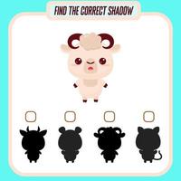 Finde den richtigen Schatten. süßes Cartoon-Lamm. Lernspiel mit Tieren. Logikspiele für Kinder mit einer Antwort. eine Trainingskarte mit einer Aufgabe für Vorschul- und Kindergartenkinder vektor