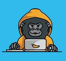 söt bebis ung gorilla hacker djur- brottslighet anonym apa svart apa innehav en träd gren. djur- isolerat tecknad serie platt stil ikon illustration premie vektor logotyp klistermärke maskot