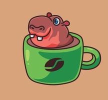 niedliches Cartoonnilpferd, das auf Kaffeetasse badet. isolierter karikaturtierillustrationsvektor vektor