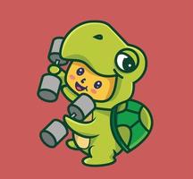 süße Babyschildkröte hebt eine Hantel Fitness. isolierte illustration des karikaturtiersportkonzepts. flacher Stil geeignet für Aufkleber-Icon-Design Premium-Logo-Vektor. Maskottchen Charakter vektor