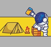 söt astronaut camping lägereld. tecknad serie resa Semester semester sommar begrepp isolerat illustration. platt stil lämplig för klistermärke ikon design premie logotyp vektor. maskot karaktär vektor