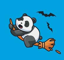 süßer panda, der mit einem magischen besen fliegt. isolierte illustration des karikaturtierhalloween-ereigniskonzepts. flacher Stil geeignet für Aufkleber-Icon-Design Premium-Logo-Vektor. Maskottchen Charakter vektor