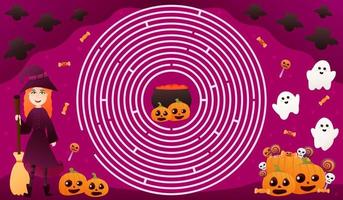 halloween-kreislabyrinth für kinder mit niedlichem hexencharakter, der besen hält, finden sie den richtigen weg zum cauldroun mit trank, gruseligen kürbisgesichtern und fliegender fledermaus für arbeitsblätter oder kinderlehrbücher vektor