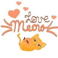 mjau katt text med sällskapsdjur karaktär i tecknad serie stil spelar för barn posters eller textil, djur- älskare begrepp vektor