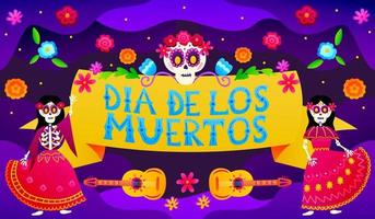 hälsning kort för mexikansk Semester dia de los muertos festival med färgrik text och dans skelett tecken i traditionell kläder, blommig utsmyckad och socker skallar, dag av de död- vektor