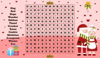 weihnachtsarbeitsblatt mit wortsuchspiel mit weihnachtsmann und frau claus küssen, druckbares rätsel für kinder für winterferien im cartoon-stil vektor