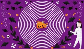 Lycklig halloween unge labyrint med söt monster kostym karaktär på violett bakgrund med flygande fladdermöss, söt skallar och pumpor, tryckbar pedagogisk kalkylblad för barn böcker vektor