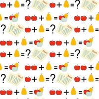 sömlös mönster tillbaka till skola, matematik, formel med äpplen och päron, hand dragen vektor