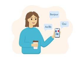 kvinna använder sig av en mobil app för inlärning en utländsk språk, uppkopplad översätter ord in i en utländsk språk vektor