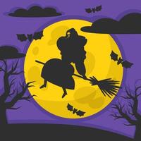 halloween-nachtlandschaftsillustration mit grabsteinen, hexe auf besenstiel und vollmond vektor