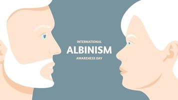 internationell albinism medvetenhet dag. kvinna och man vit hår, brist av milan pigment. baner med text. vektor stock illustration.