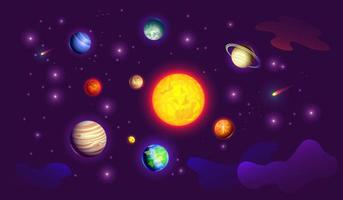 Weltraum, Sonnensystem mit Planeten am Sternenhimmel. Design für Banner, Poster. Stock-Vektor-Illustration. vektor