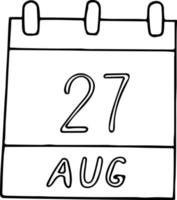 Kalenderhand im Doodle-Stil gezeichnet. 27. August. Tag, Datum. Symbol, Aufkleberelement für Design. Planung, Betriebsferien vektor