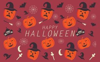 Halloween-Musterdesign mit einer Vielzahl von Halloween-Zubehörfiguren, vektor