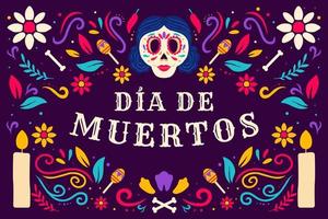 dia de muertos, tag der toten illustration mit frauenschädel, kerze und maracas