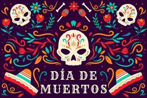 flacher dia de muertos, tag der toten hintergrundillustration mit verzierung, sombrero und maracas vektor