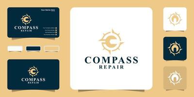 Kompass- und Werkstattausrüstungs-Logo-Design-Inspiration, Hauptschlüssel und Visitenkarten-Inspiration vektor