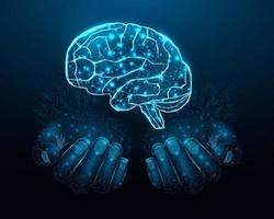 två mänsklig händer är innehar mänsklig hjärna. Stöd friska hjärna begrepp. trådmodell lysande låg poly design på mörk blå bakgrund. abstrakt trogen vektor illustration.