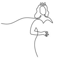 ett kontinuerlig enda linje hand teckning av kvinna drottning ha på sig krona klänning vektor