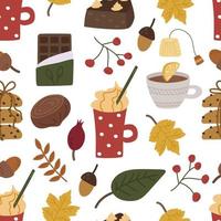 Nahtloses, gemütliches Herbstmuster mit Sahnetorte, Kaffee, Latte, Schokolade, Keksen, Kastanien, Beeren und Blättern. vektorillustration für warmen herbst, druck auf kleidung, verpackung, stoff, papier. vektor